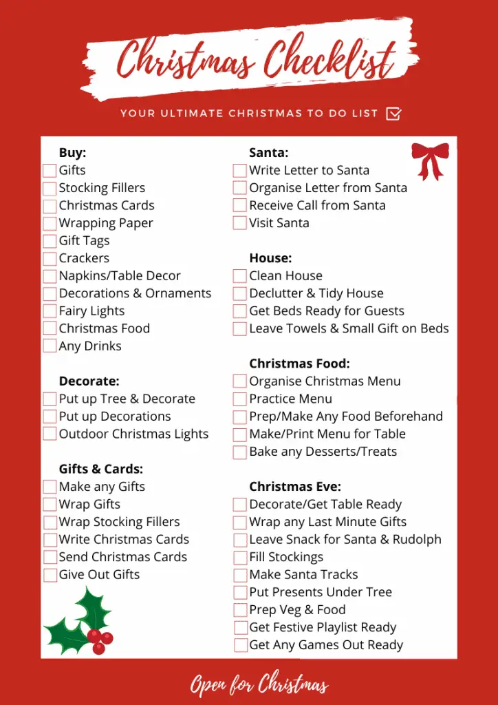 Christmas Checklist - Open for Christmas