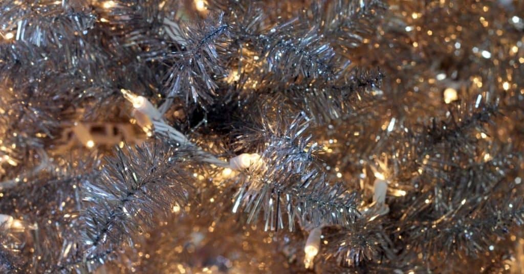 Silver Tinsel on a Christmas Tree - Open for Christmas