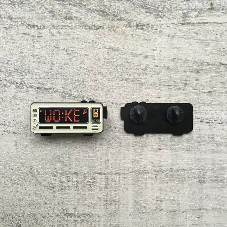 Stay WOKE Alarm Clock Lapel Pin - Cheap Christmas Gifts Under $10 - Open for Christmas