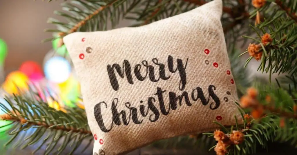 Merry Christmas Cushion in a Christmas Tree - From the UK - Open for Christmas